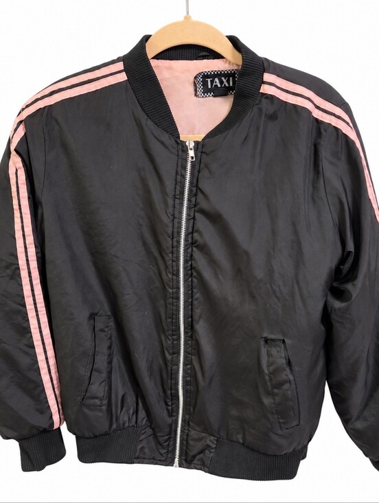 Taxi Jackets & Blazers - TAXI Black Bomber Jacket Pink Stripe Sleeves Zip Front Lightweight Womens Jacket